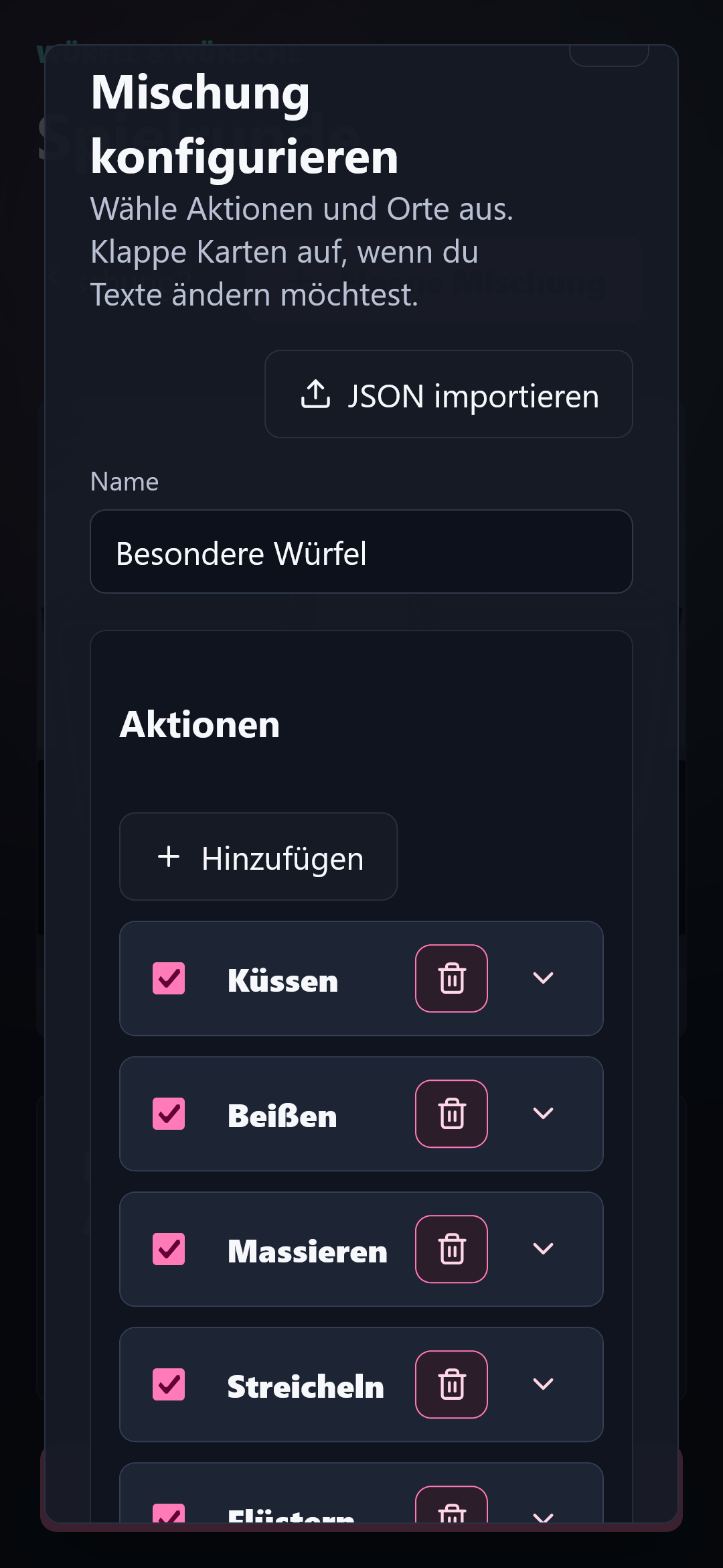 Einstellungsansicht von Liebeswürfel auf dem Smartphone