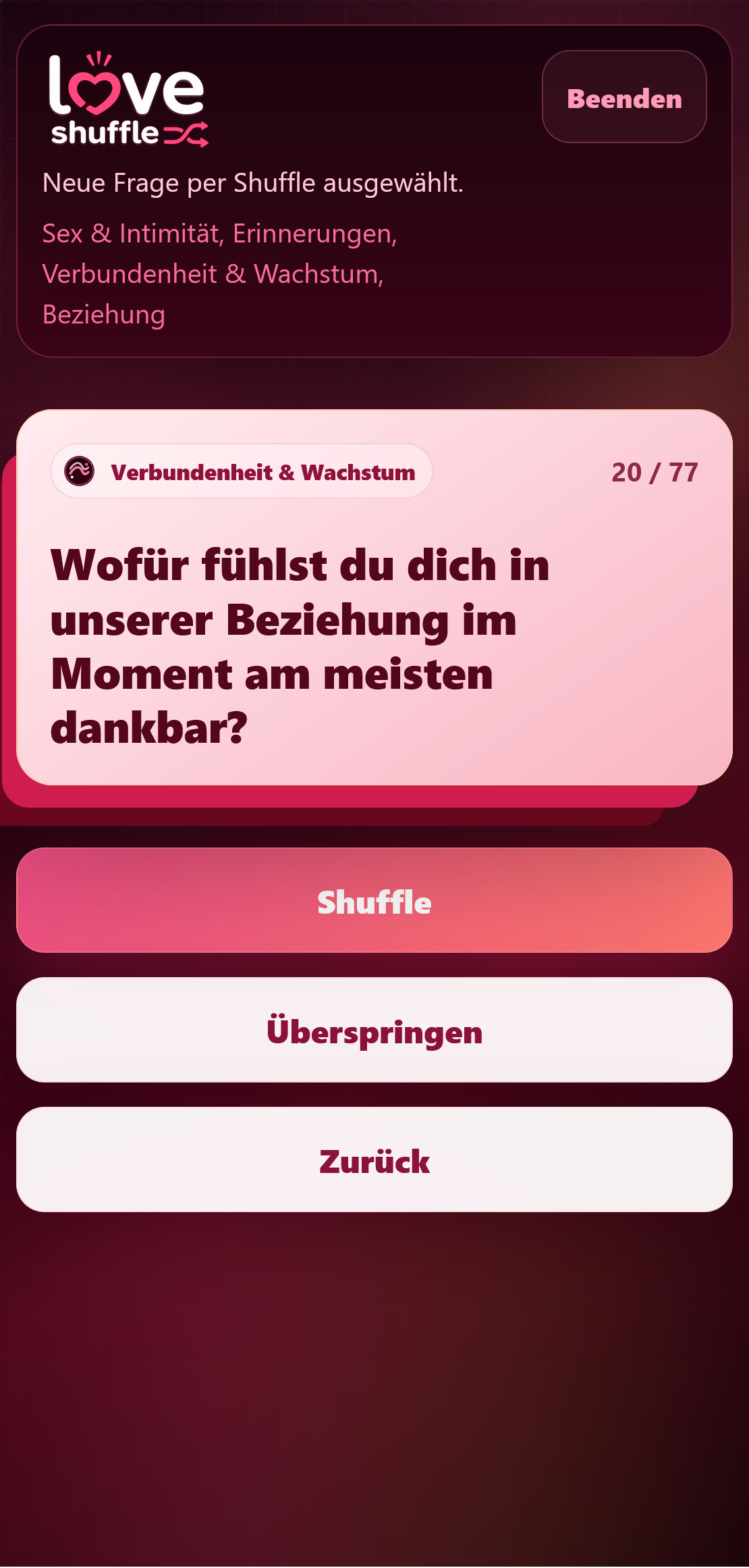 Fragenansicht der Love-Shuffle-App