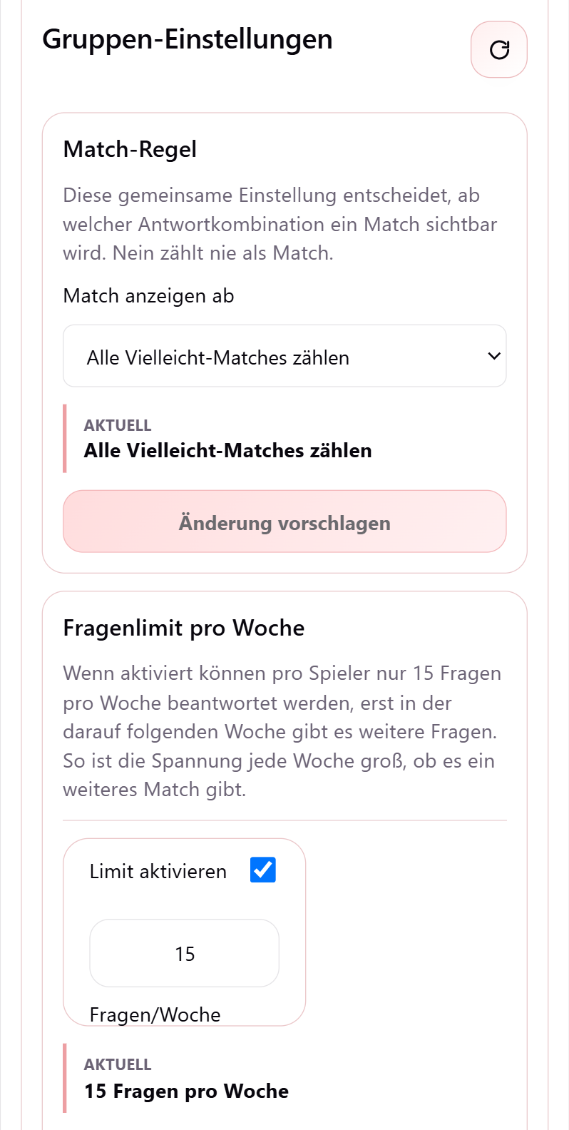 Gruppen-Einstellungen in TrueDesire